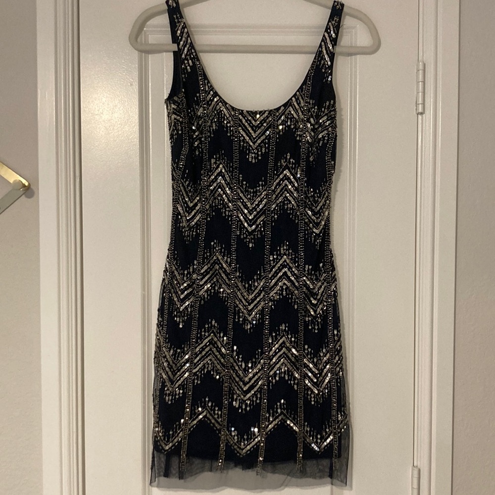 Navy blue shift dress with silver beading! Great condition!